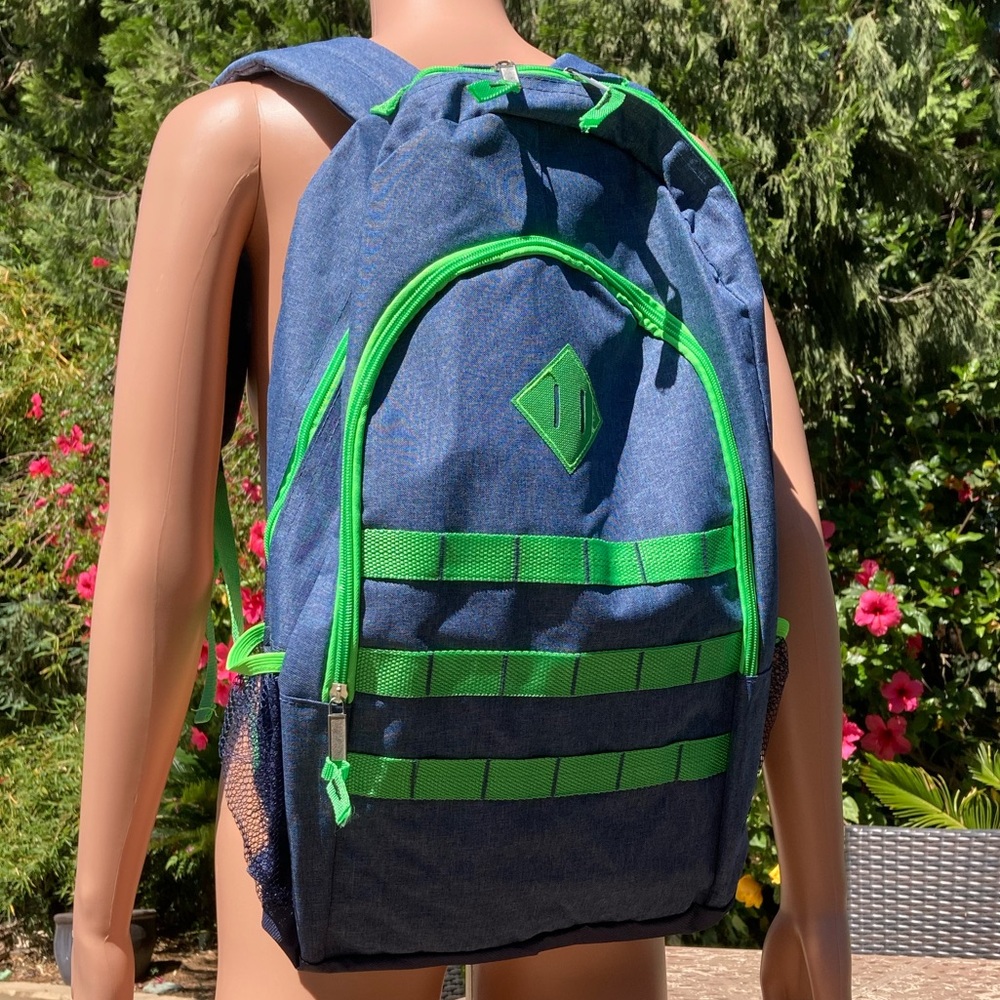 SALE 🌼 Navy Heather Backpack with Green Trim and Side Pockets New